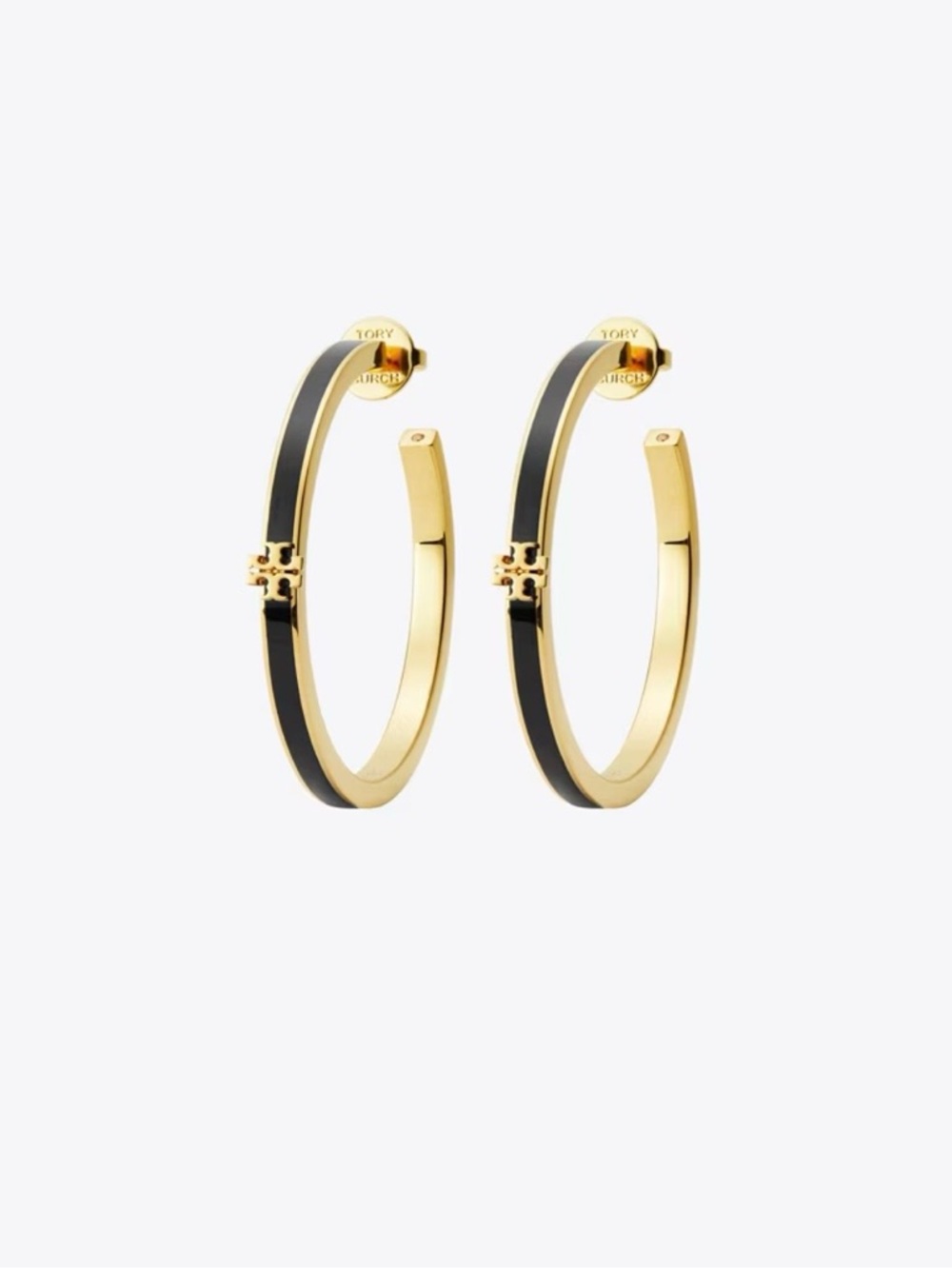 Tory Burch Enamel Black and Gold Logo Hoop Earrings